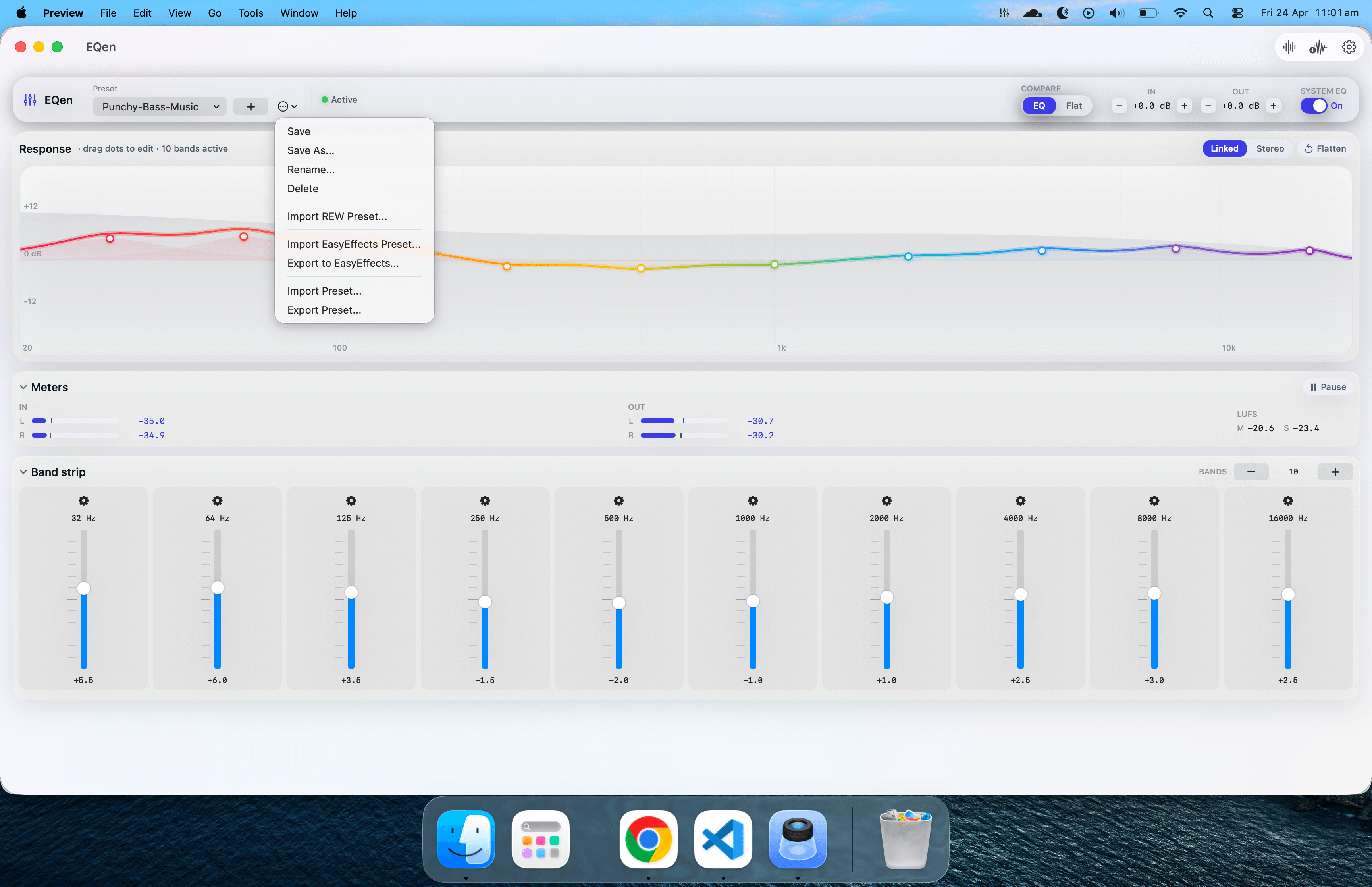 EQen running on macOS — presets browser with curated genre and singer curves